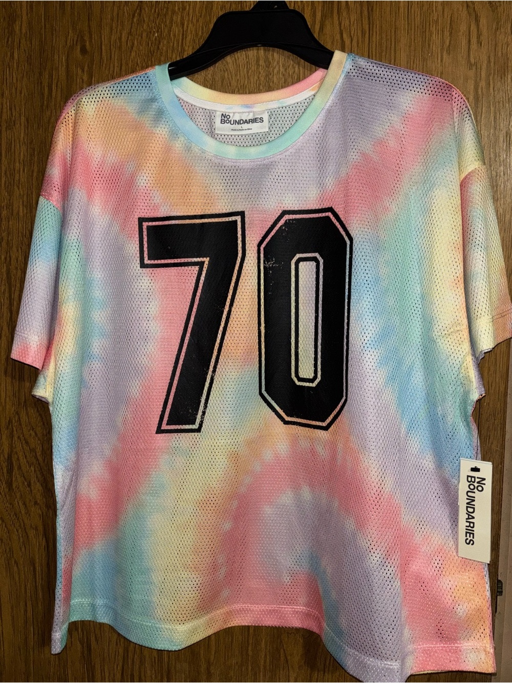No Boundaries Pastel Tie-Dye Mesh Tee with Black '70' Graphic